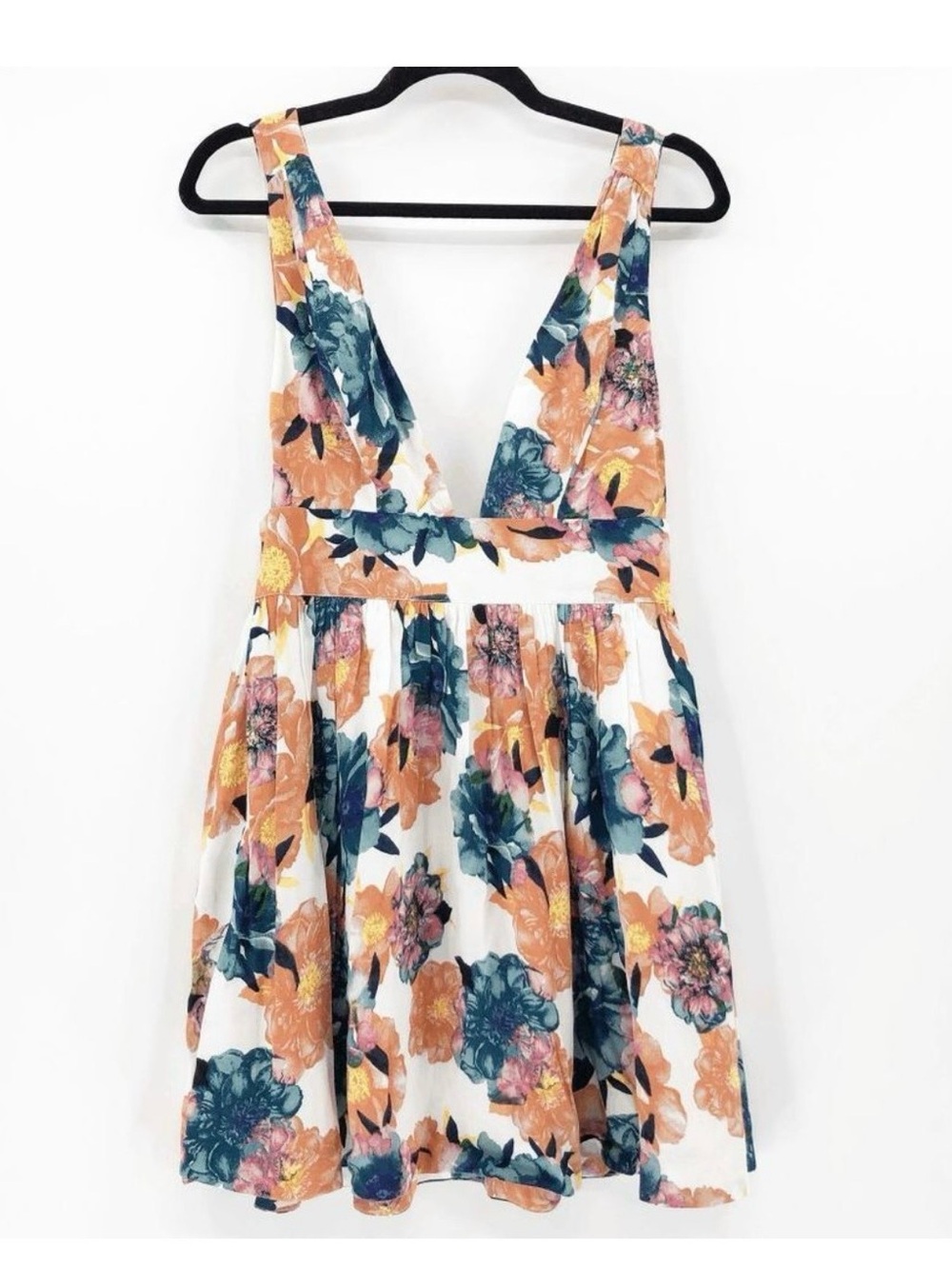 NBD White Floral V-Neck Dress with Peach & Teal Blooms NWOT